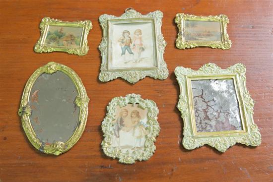 Appraisal: SIX PIECE DOLL HOUSE ACCESSORIES Possibly German brass framed mirrors