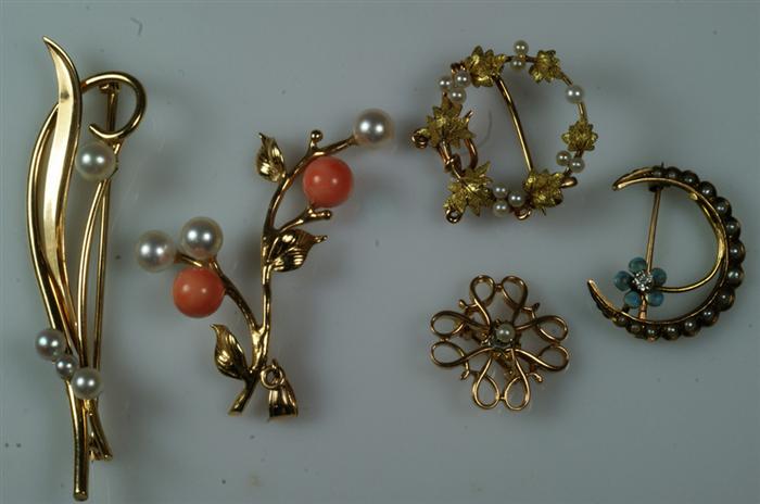 Appraisal: K YG pins with pearls dwt with unmarked YG pins