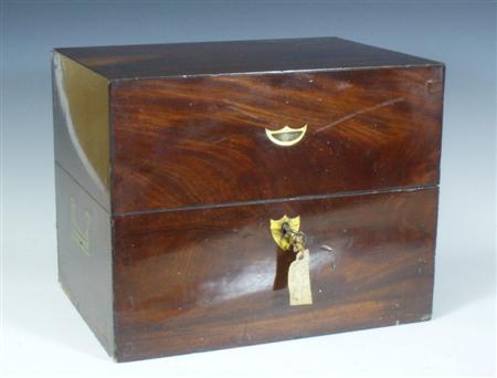 Appraisal: A th century mahogany decanter box with brass handles the