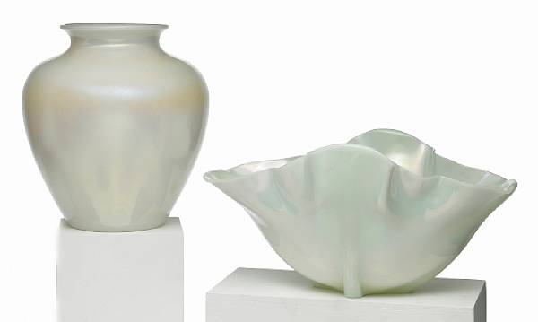 Appraisal: Two Steuben Ivrene glass vessels 's comprising a grotesque center