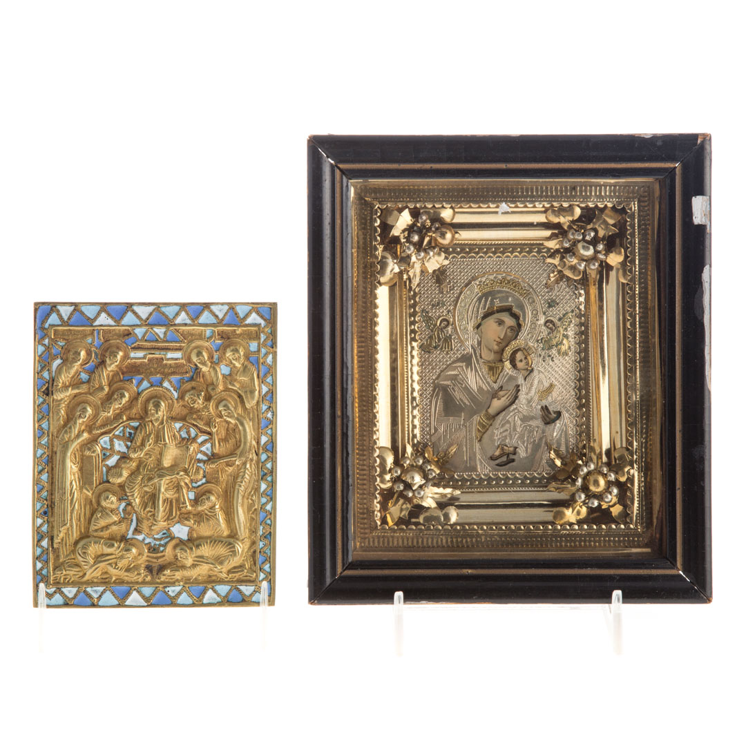 Appraisal: Russian icon and enameled religious plaque small icon in shadowbox