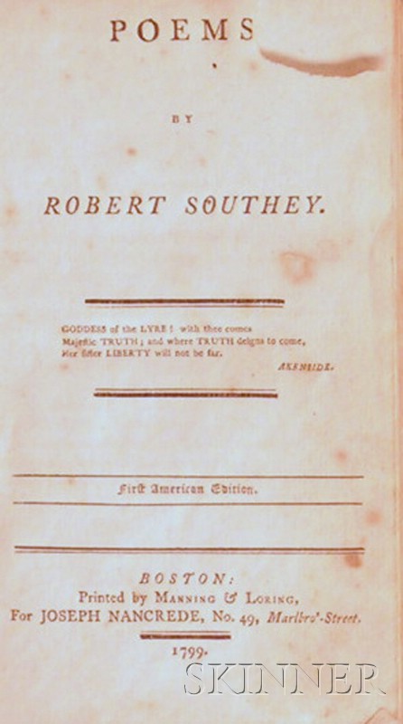 Appraisal: Southey Robert - Poems by Robert Southey Boston Manning Loring