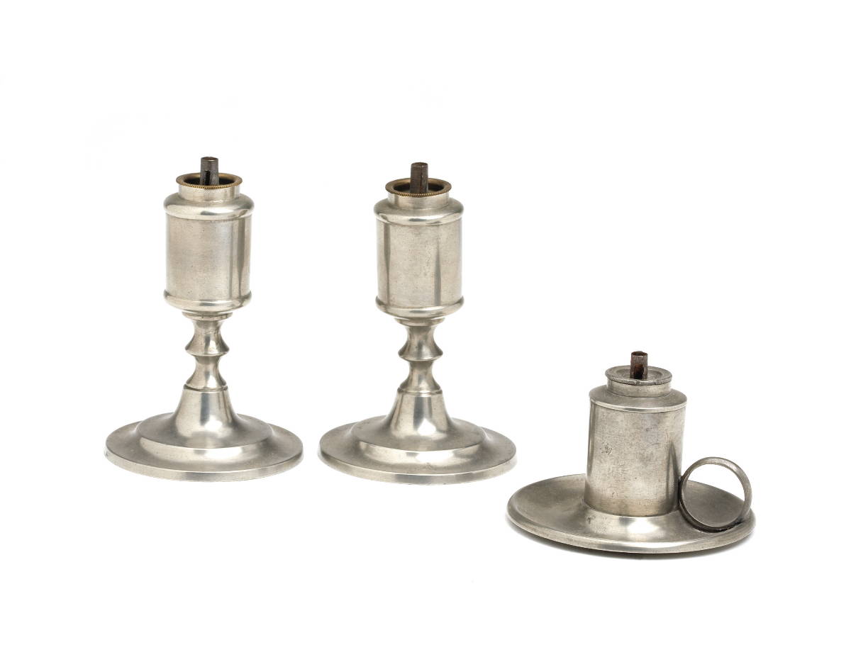 Appraisal: PAIR OF PEWTER OIL LAMPS AND A CHAMBER LAMP ON