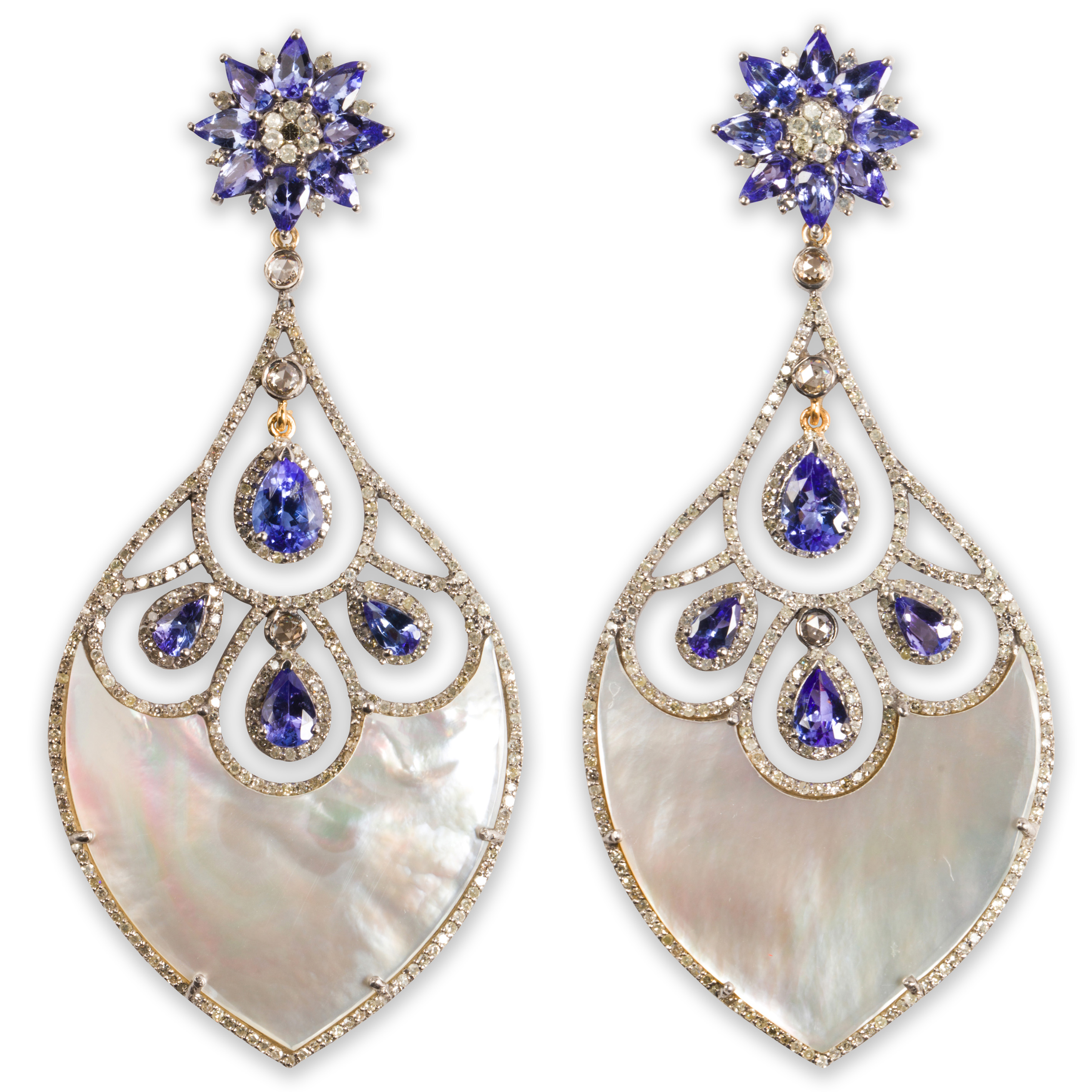 Appraisal: A PAIR OF MOTHER OF PEARL TANZANITE AND DIAMOND EARRINGS