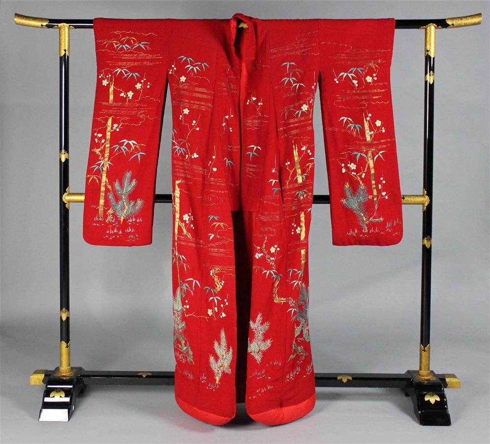 Appraisal: JAPANESE RED CREPE SILK AND GOLD COUCHED THREAD EMBROIDERED UCHIKAKE