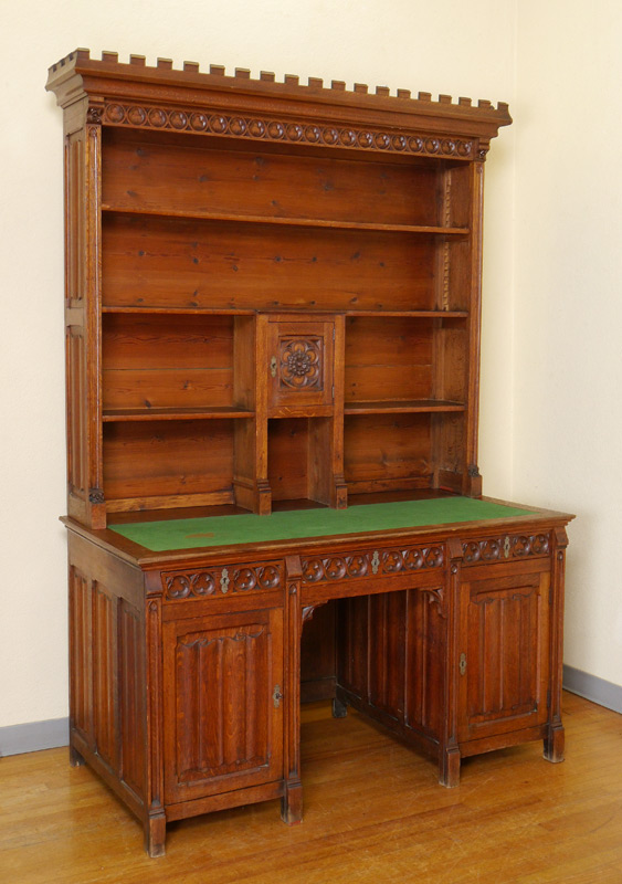 Appraisal: CARVED OAK BOOKCASE DESK Top bookcase with dentil crest over