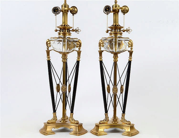 Appraisal: PAIR OF CROFTON VARIOUS METAL AND GLASS TRIPOD LAMPSOf stylized