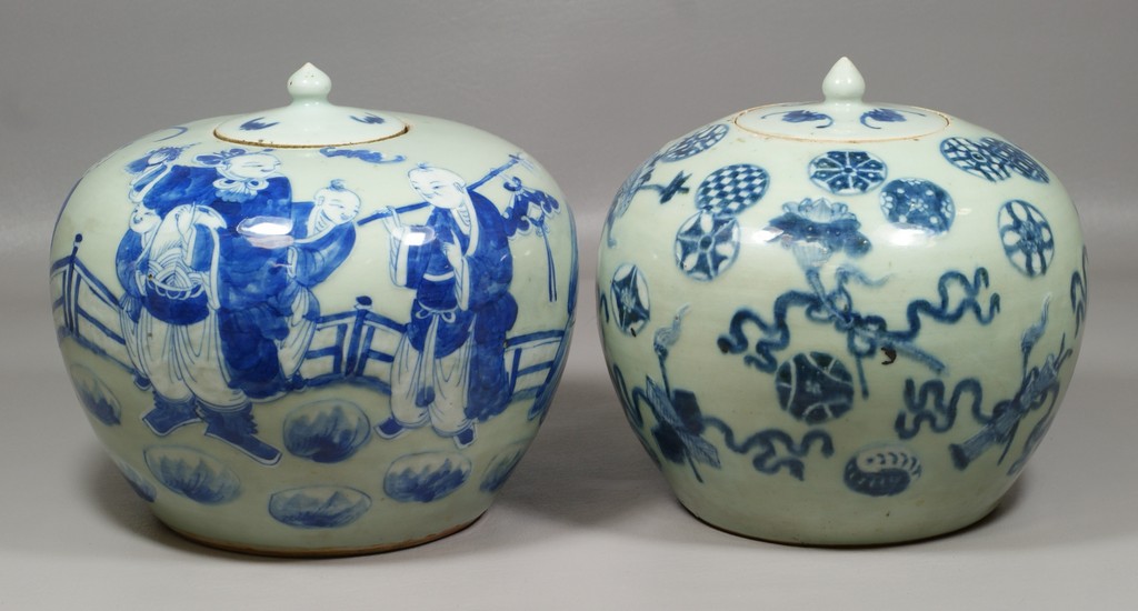 Appraisal: Chinese Export Blue enameled celadon jars one with figures -