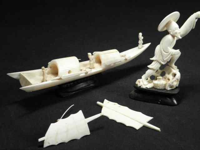 Appraisal: Lot including a Chinese carved ivory fisherman with dog figure