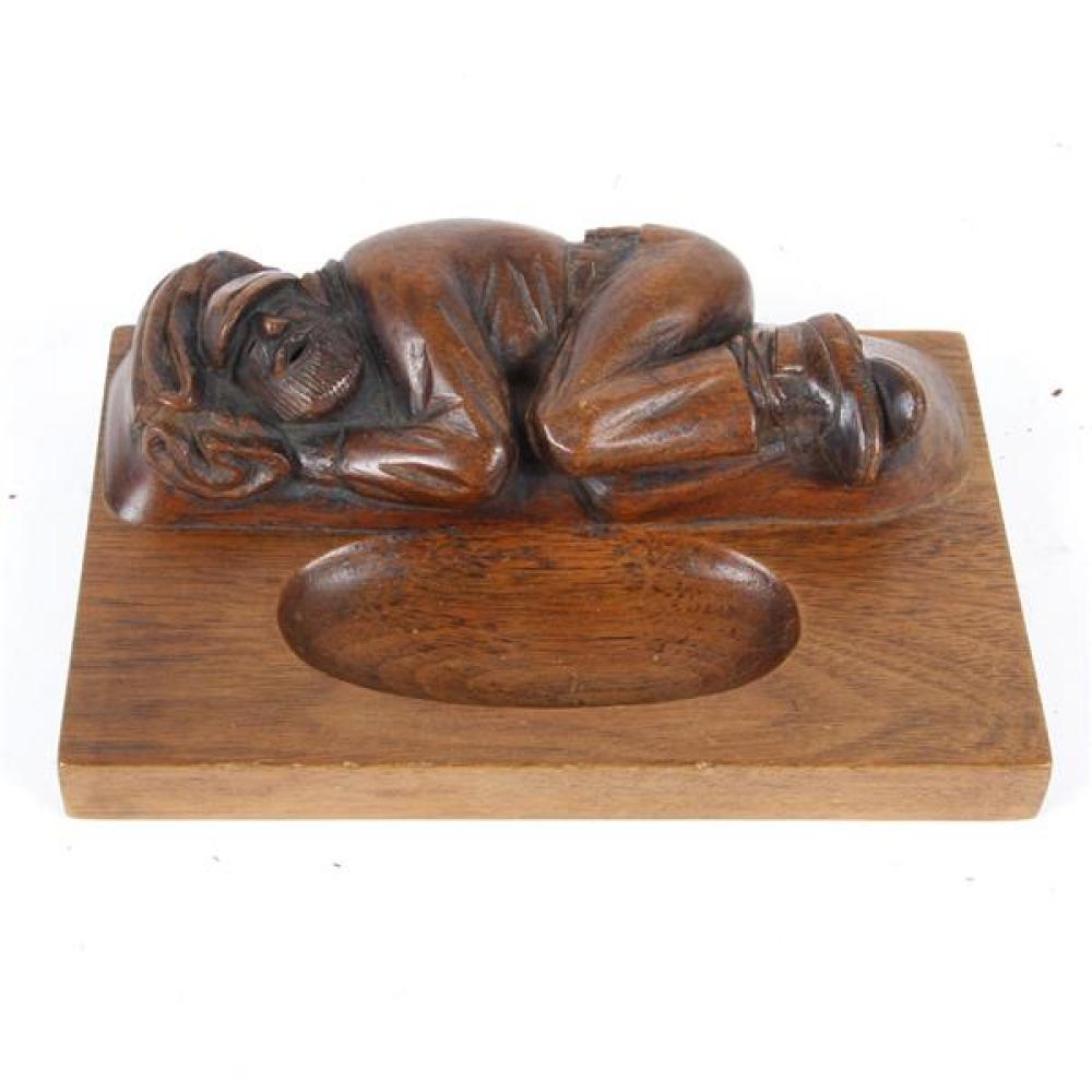 Appraisal: CARVED BLOCK WOOD SCULPTURAL TRAY WITH FIGURE OF SLEEPING MAN