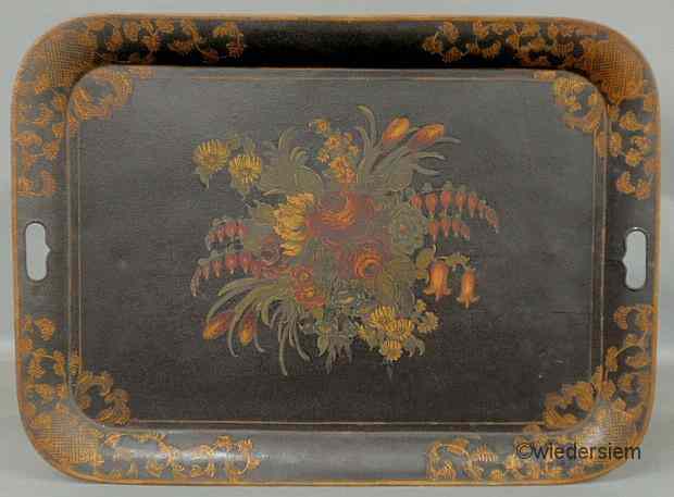 Appraisal: Tole decorated rectangular tray late th c with floral decoration