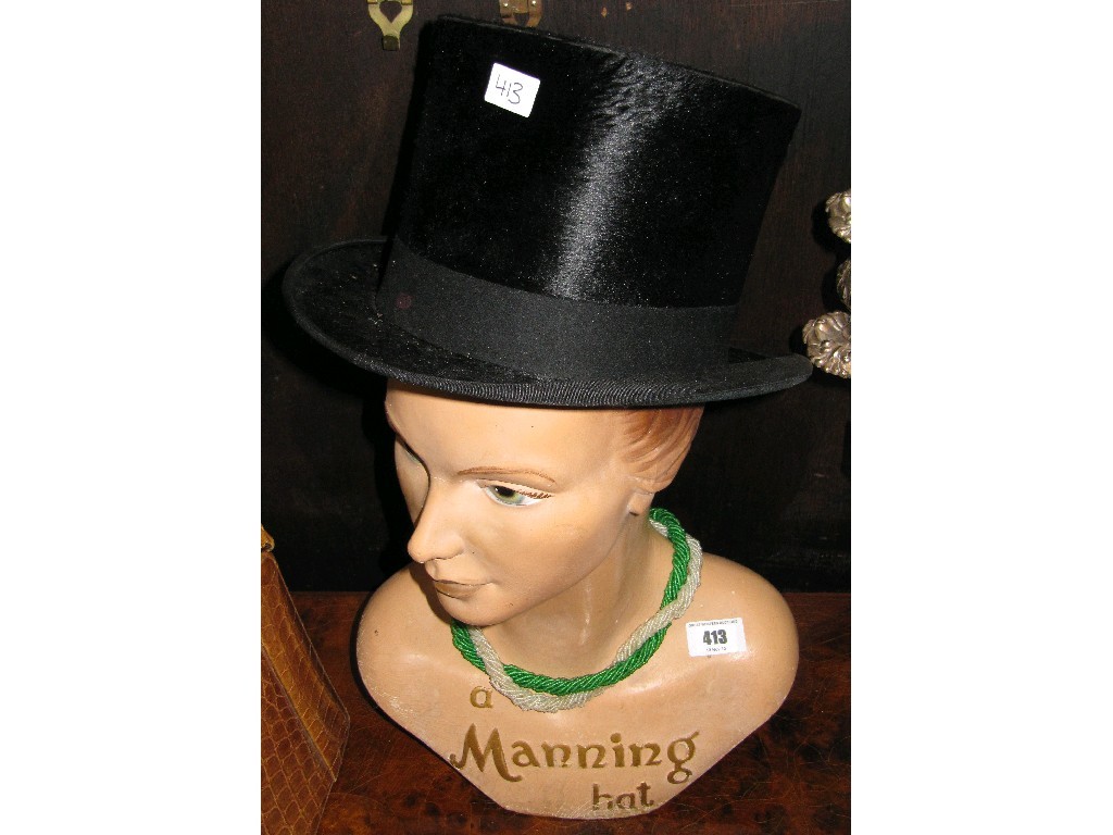 Appraisal: Lot comprising Manning hat mannequin top hat and bead necklet