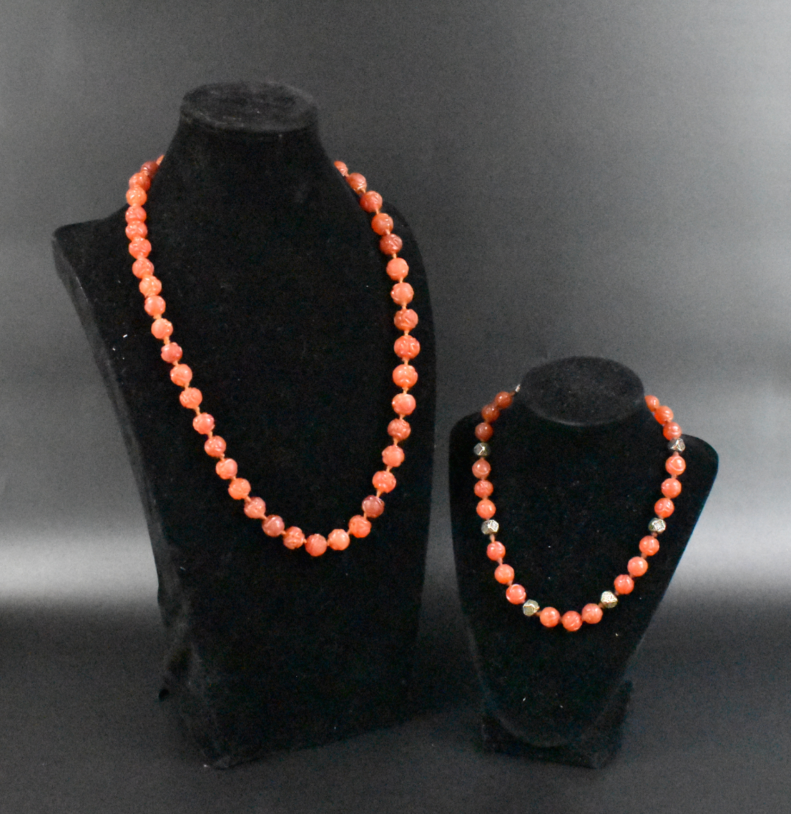 Appraisal: Chinese agate necklace one with beads another with beads in