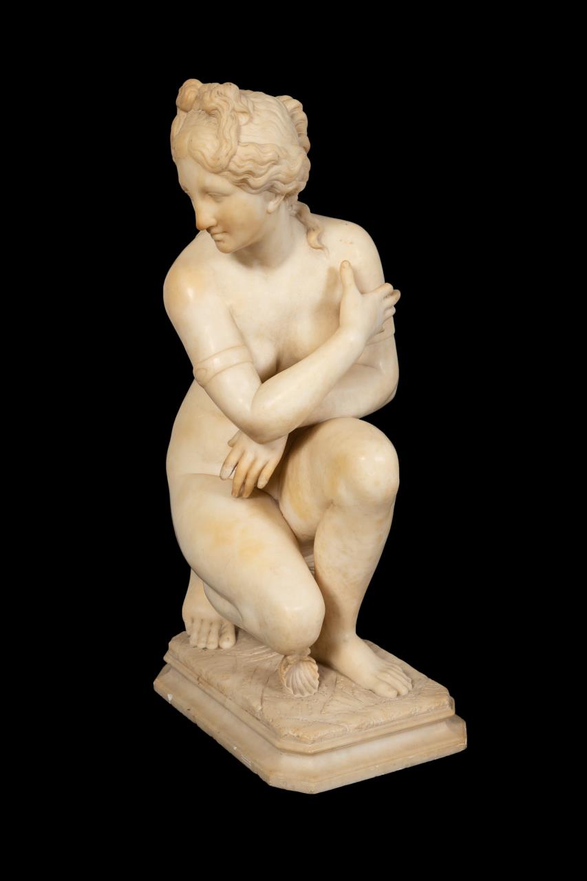 Appraisal: CROUCHING VENUS CARVED ALABASTER SCULPTURE Crouching Venus carved alabaster sculpture