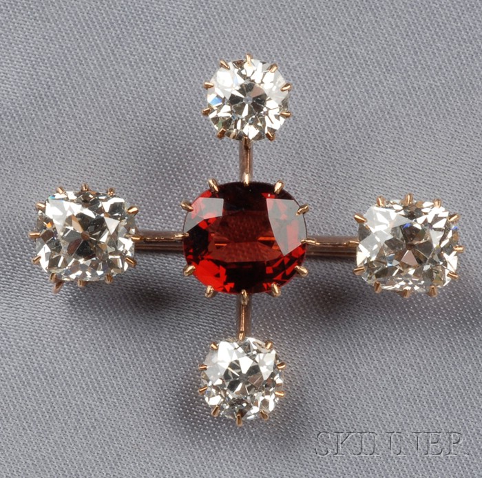 Appraisal: Antique Red Spinel and Diamond Brooch prong-set with a cushion-cut