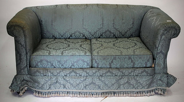 Appraisal: A TWO SEATER SETTEE with blue Damask upholstery on square