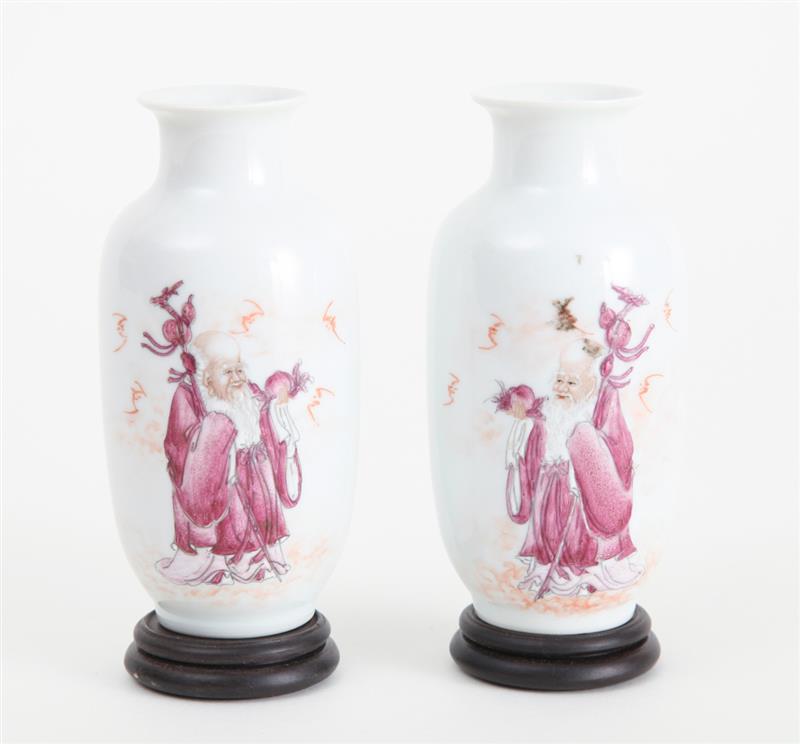 Appraisal: PAIR OF MODERN CHINESE FAMILLE ROSE SMALL PORCELAIN BALUSTER-FORM VASES