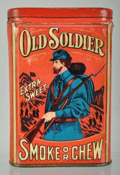 Appraisal: Old Soldier Pocket Tobacco Tin Description Paper label over tin