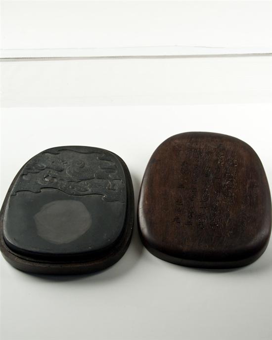 Appraisal: Chinese th C Inkstone in Fitted Rosewood Case high wide