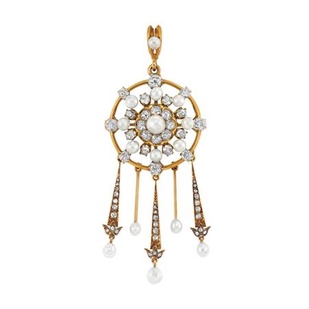 Appraisal: Antique Gold Pearl and Diamond Pendant-Brooch Estimate -