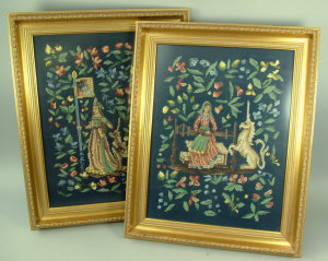 Appraisal: Two woolwork pictures depicting the lion and unicorn from the