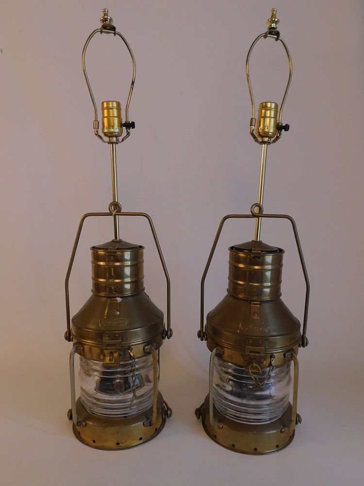 Appraisal: PAIR BRASS ANCHOR LIGHTS Pair vintage electric Anchor light table