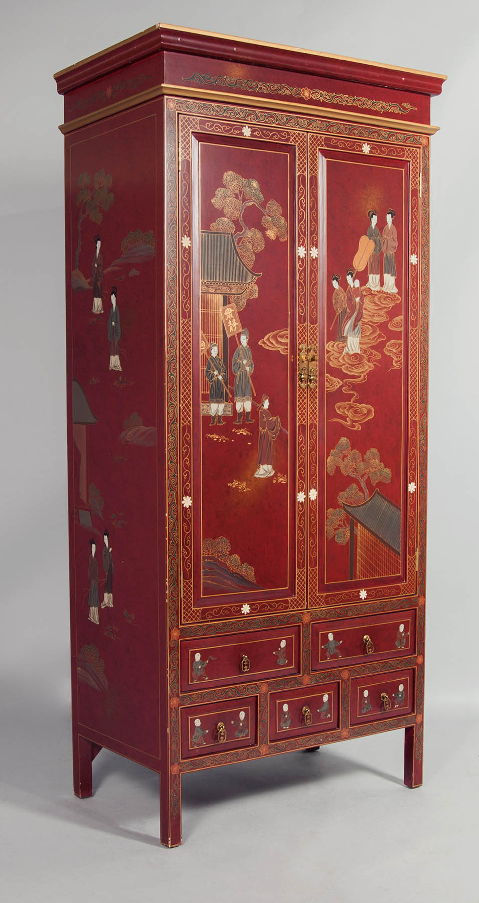 Appraisal: CHINESE RED AND GOLD LACQUER TALL CABINET the two tall