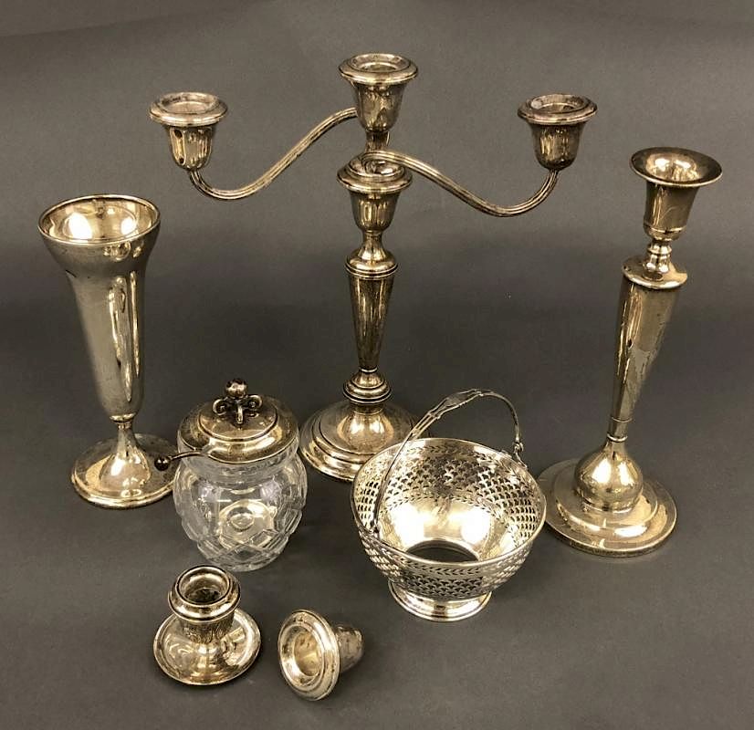 Appraisal: Weighted Sterling Silver Candelabra Grouping Weighted sterling silver candelabra h