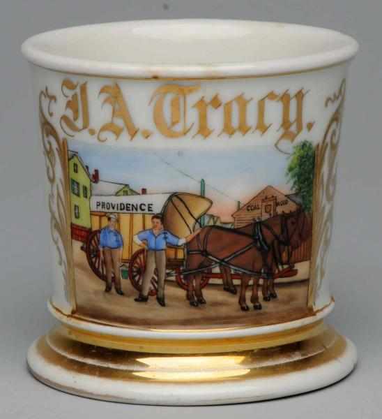 Appraisal: Horse-Drawn Covered Wagon Shaving Mug Gilt name J A Tracy