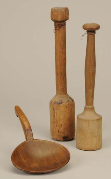 Appraisal: Lot of Two Wooden Mashers Scoop Description Large age crack