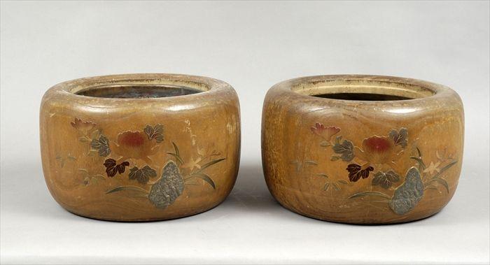 Appraisal: Two Japanese Hardwood and Lacquer Hibachis in in diam Provenance