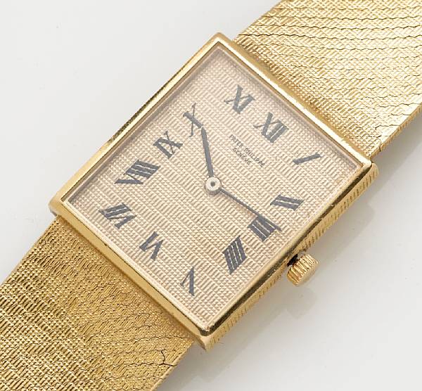 Appraisal: An eighteen karat gold rectangular bracelet watch with associated movement