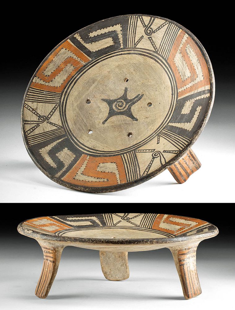 Appraisal: Mixtec Pottery Tripod Strainer w Quetzalcoatl Insignia Pre-Columbian Valley of