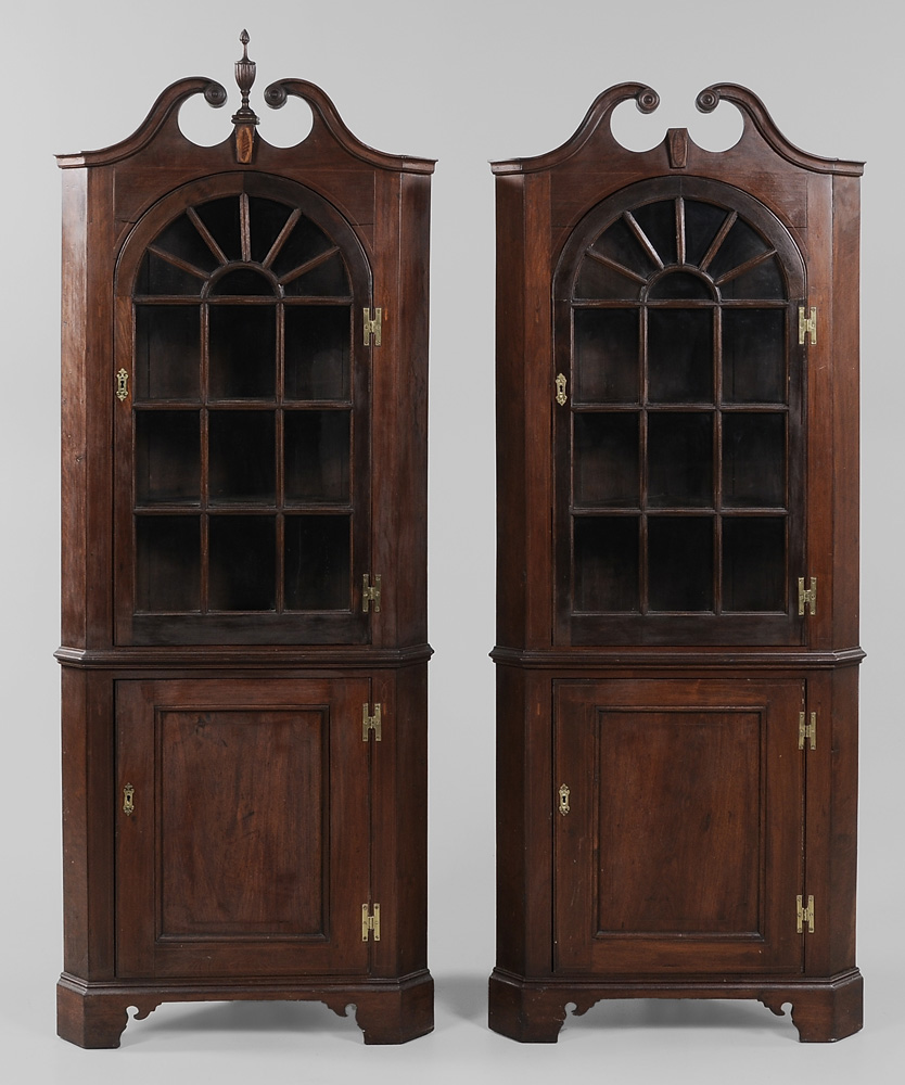 Appraisal: Pair American Chippendale Style Inlaid Corner Cupboards probably late th