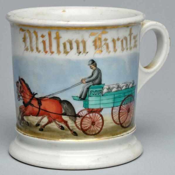 Appraisal: Horse-Drawn Flour Wagon Shaving Mug Gilt name Milton Kirntz Stamped