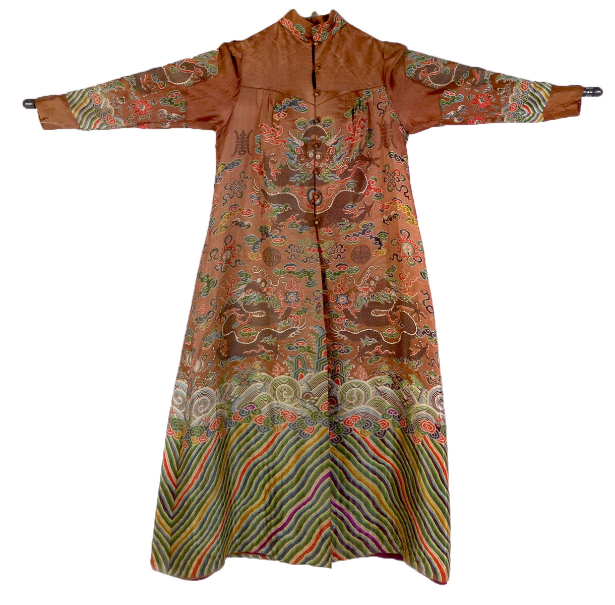 Appraisal: CHINESE COPPER BROCADE DRAGON ROBE Copper button-front silk robe having