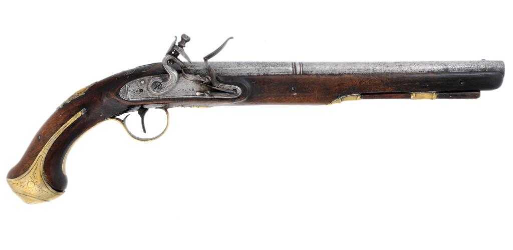 Appraisal: AN ENGLISH FLINTLOCK BORE HOLSTER PISTOL with two stage barrel