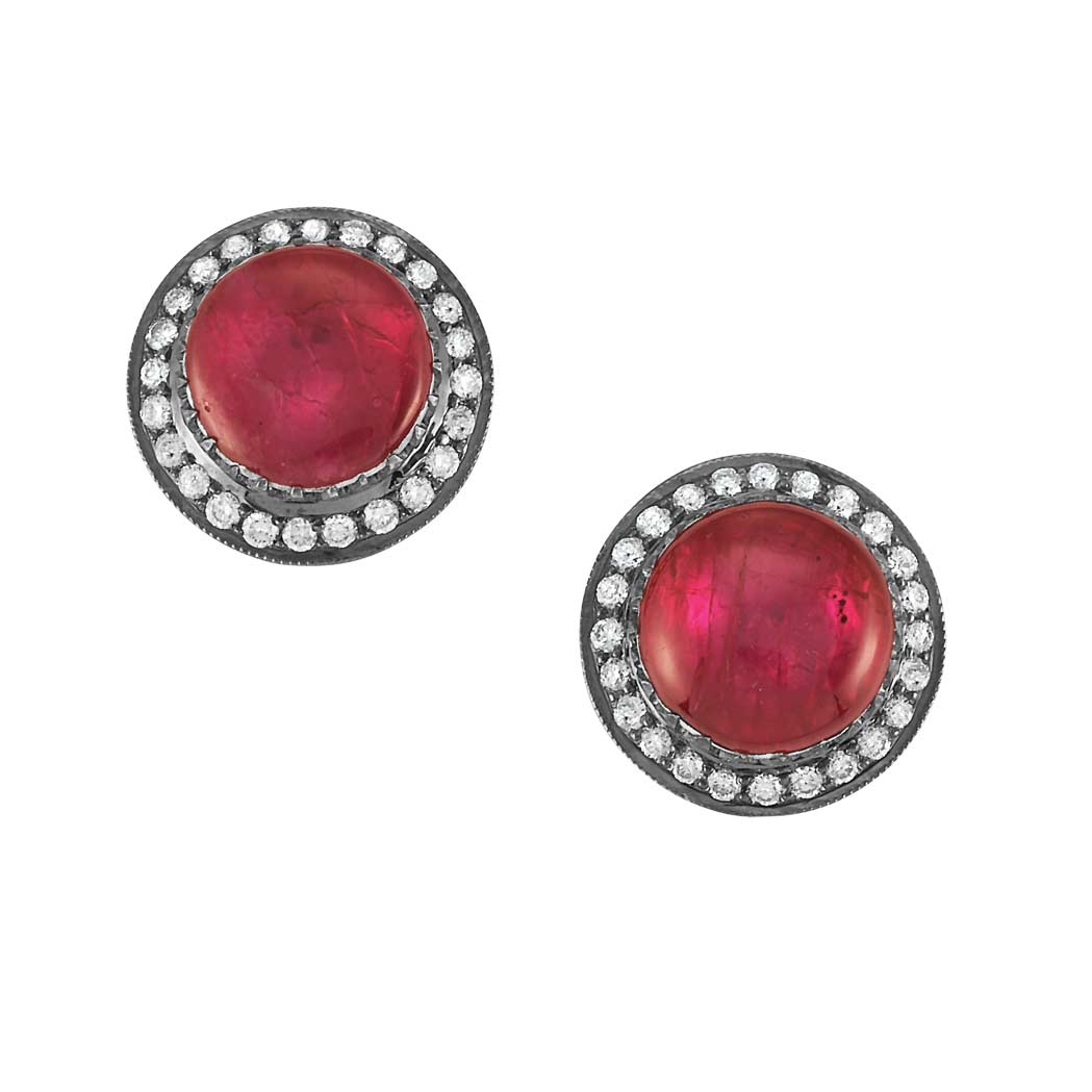 Appraisal: Pair of Indian Gold Silver Foiled-Back Cabochon Ruby and Diamond