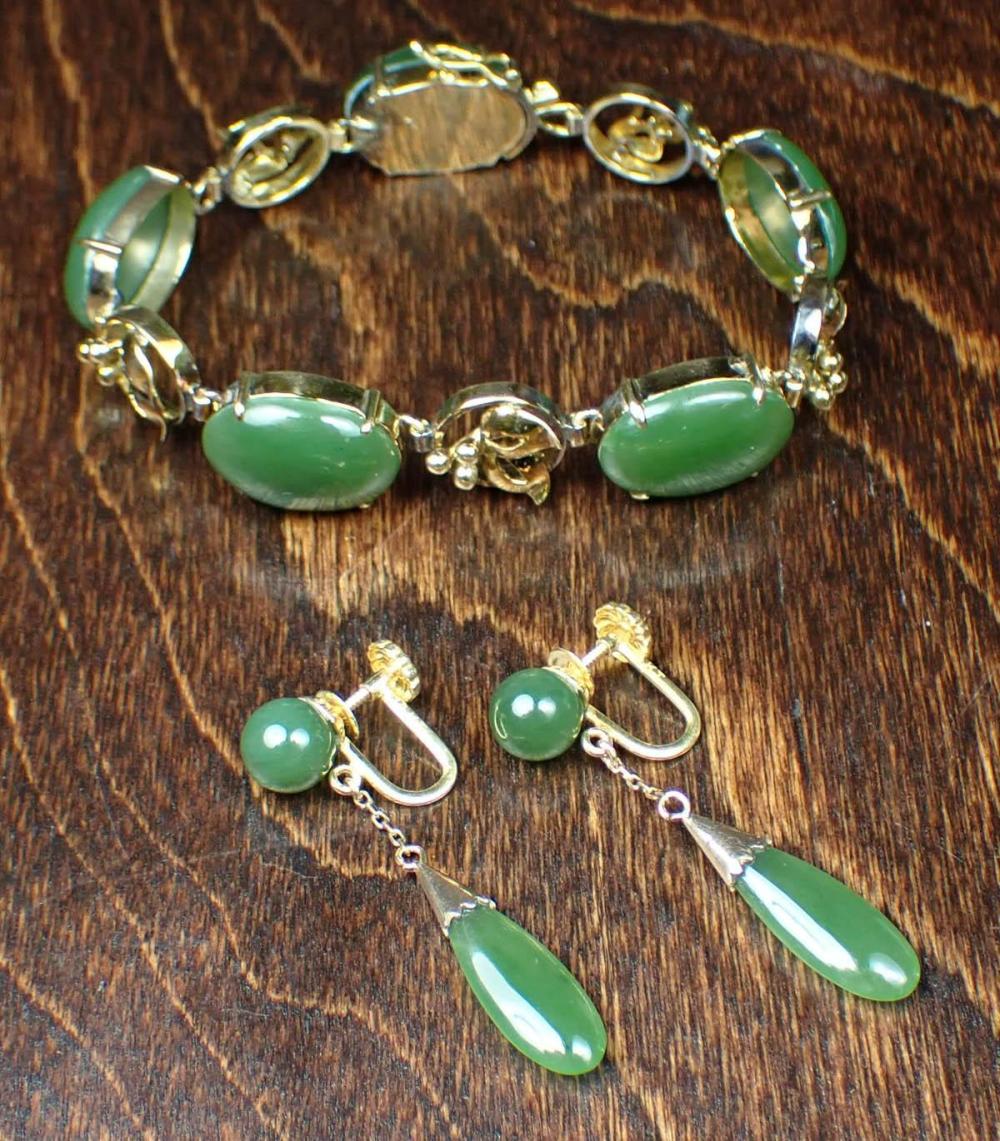 Appraisal: NEPHRITE JADE AND FOURTEEN KARAT GOLD BRACELET AND EARRINGS including