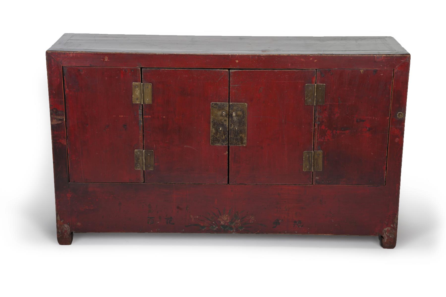 Appraisal: CHINESE RED LACQUERED SIDE CABINET Nineteenth century elm Mortised construction