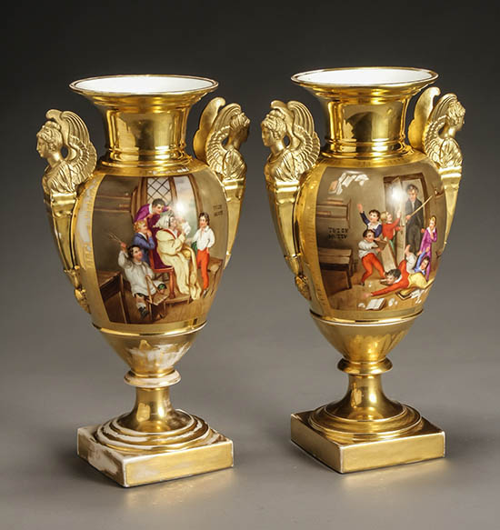 Appraisal: Pair of Paris Porcelain Polychrome and Gilt Decorated Pictorial Vases