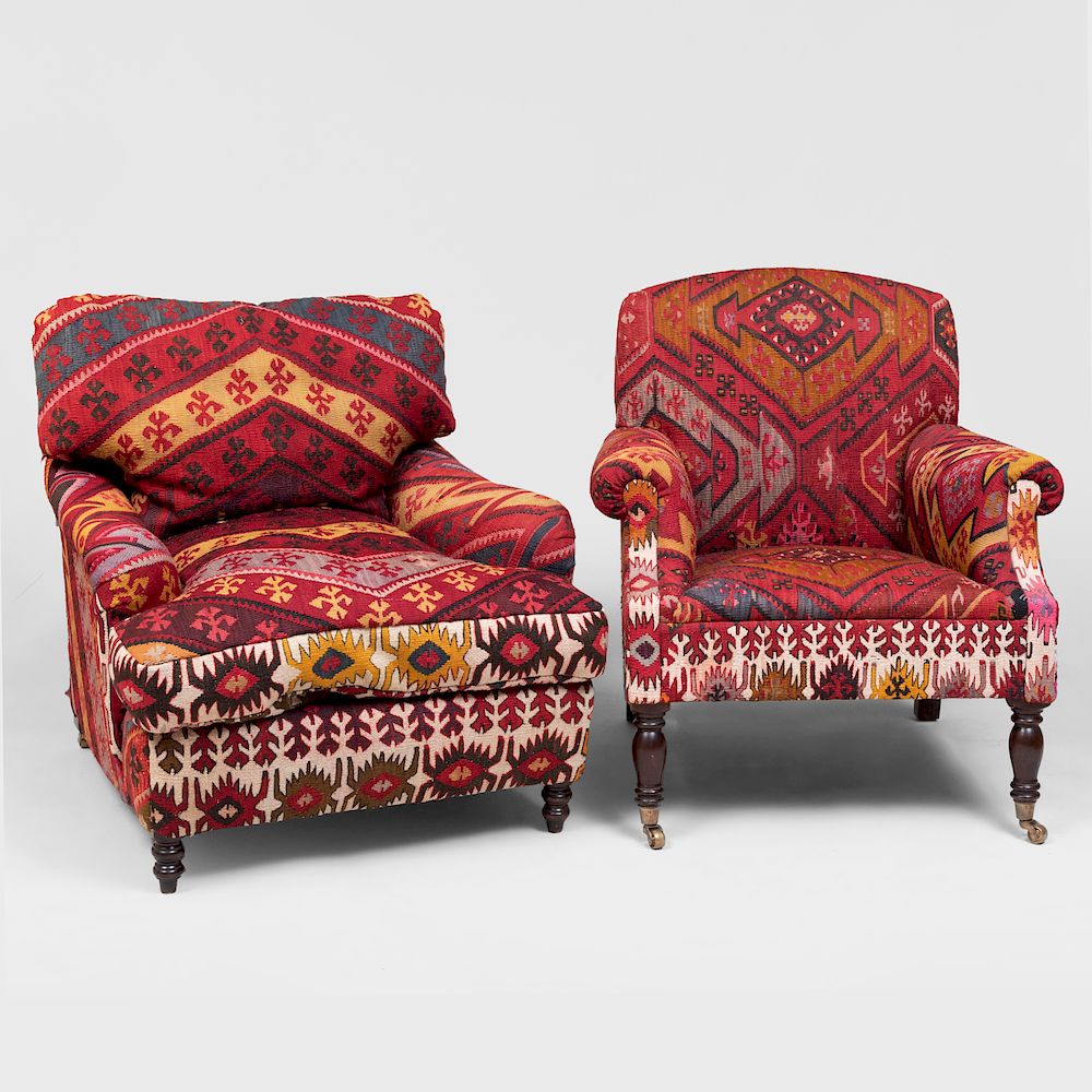 Appraisal: Two Kilim Upholstered Club Chairs in the Manner of George