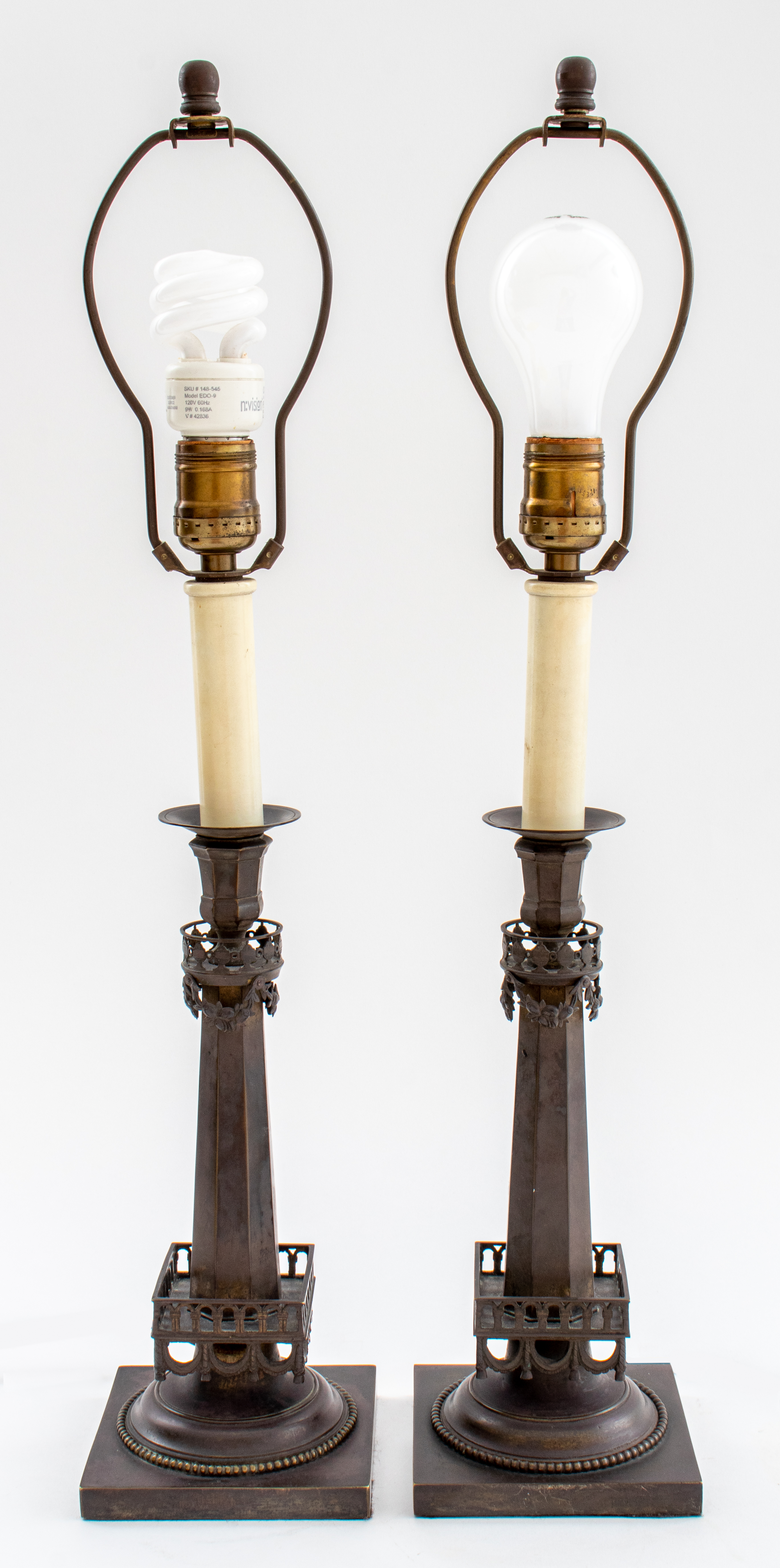 Appraisal: NEOCLASSICAL PATINATED BRONZE TABLE LAMPS PAIR Pair of Neoclassical columnar