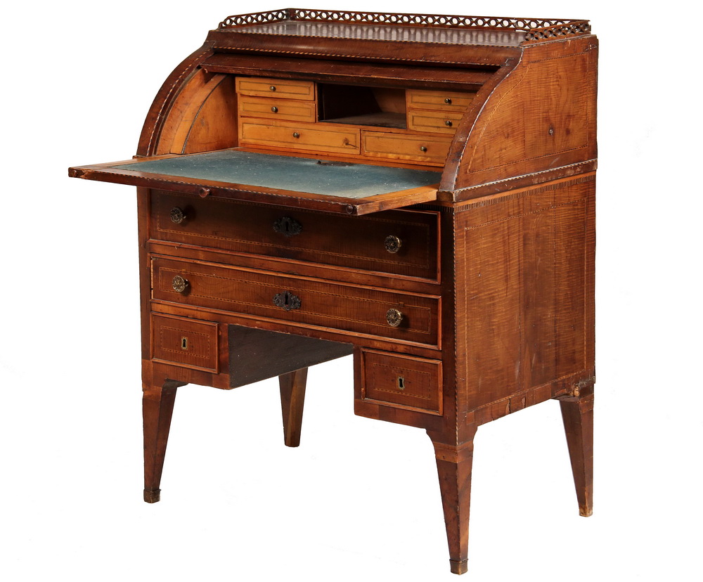 Appraisal: CYLINDER TOP DESK - French String Inlaid Figural Mahogany Desk