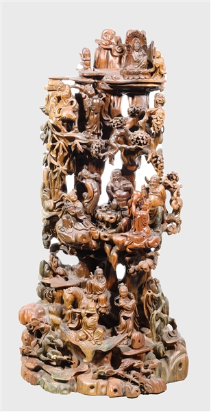 Appraisal: Carved Chinese figural statue depicting several figures in several levels