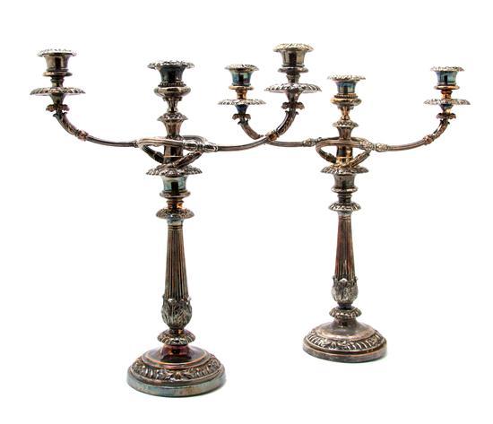 Appraisal: Pair of English Silverplate Three-Light Candelabra each with baluster form