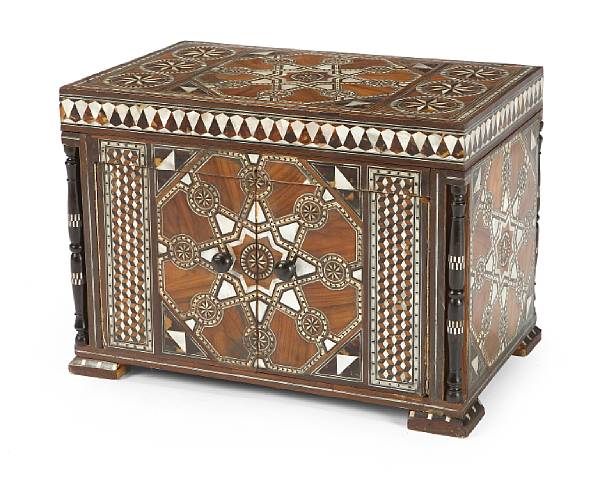 Appraisal: A shell and tortoiseshell inlaid table cabinet The hinged lid