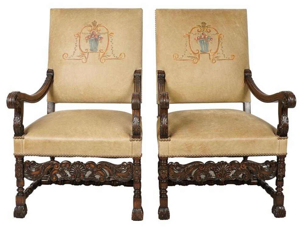 Appraisal: PAIR OF BAROQUE STYLE PAINTED LEATHER WALNUT ARMCHAIRS th century