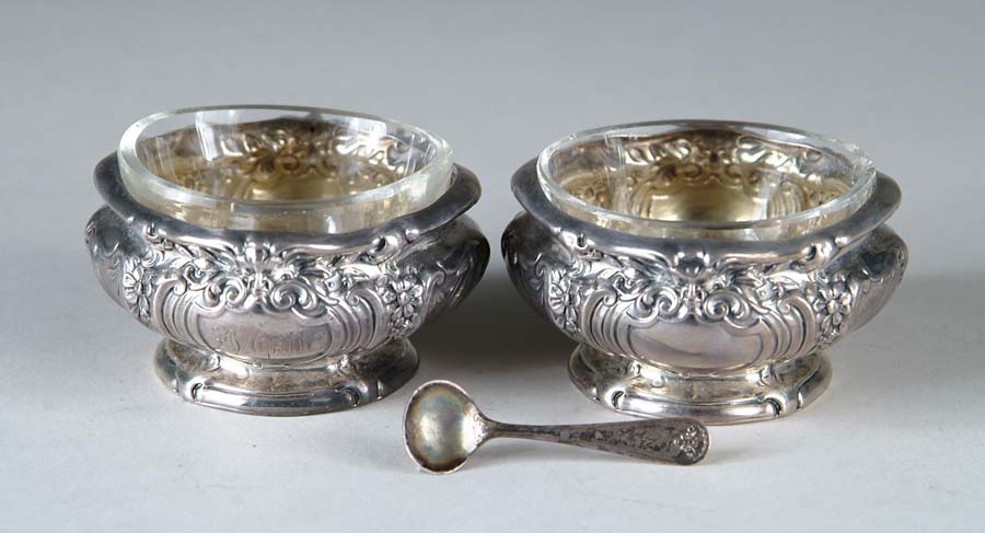 Appraisal: STERLING GLASS SALTS Nice large salts are sterling silver with