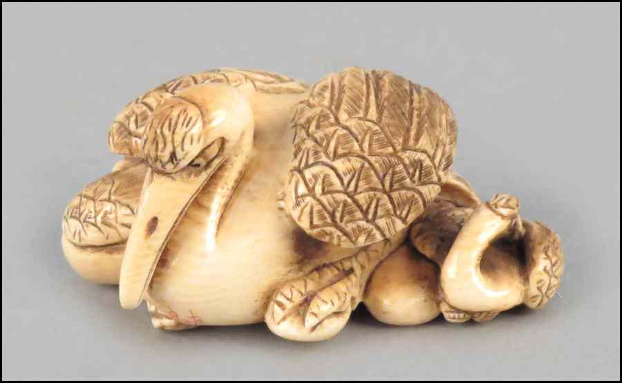 Appraisal: JAPANESE CARVED IVORY NETSUKE DEPICTING CRANES Signed H '' W